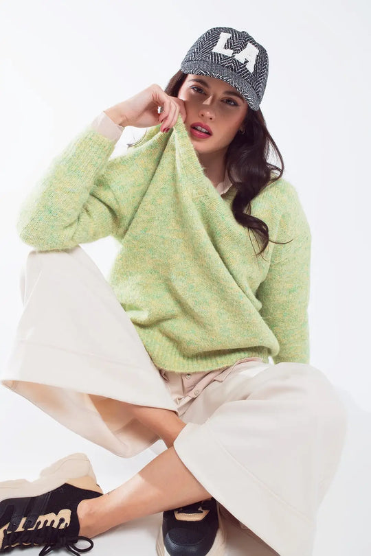 Green fluffy knit sweater with V-neck - GREEN / ONE - Sweaters