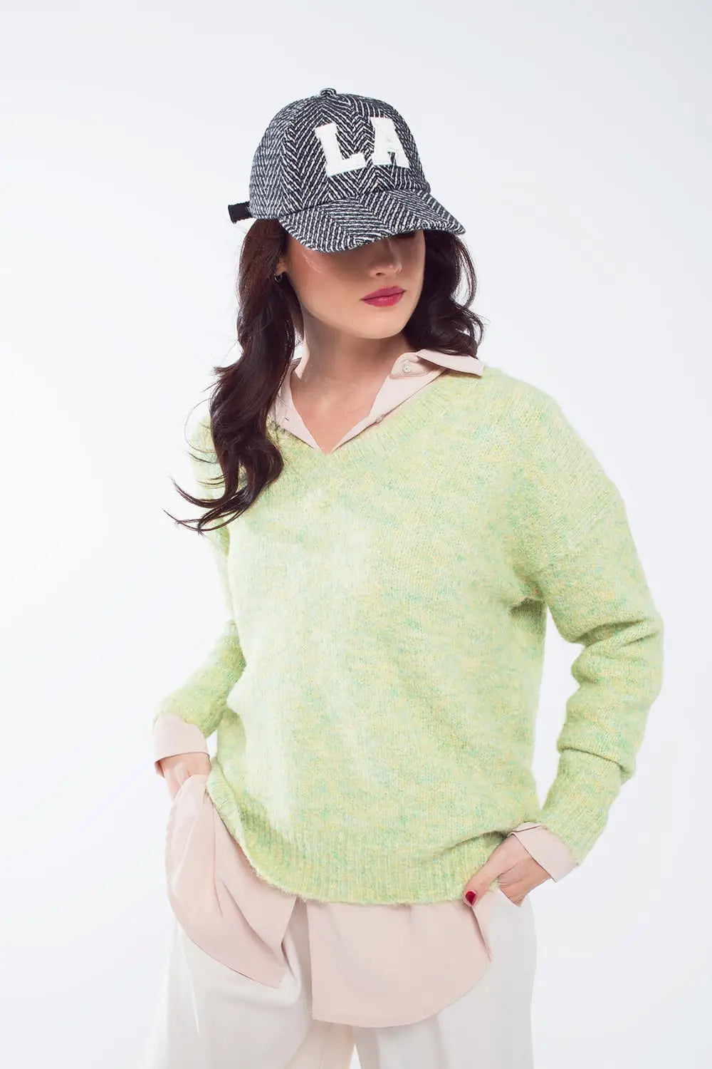 Green fluffy knit sweater with V-neck - GREEN / ONE - Sweaters