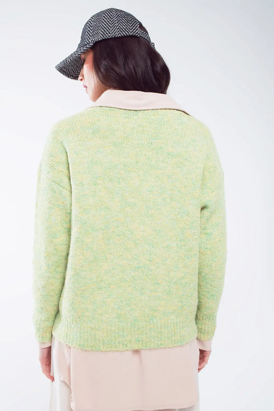 Green fluffy knit sweater with V-neck - GREEN / ONE - Sweaters