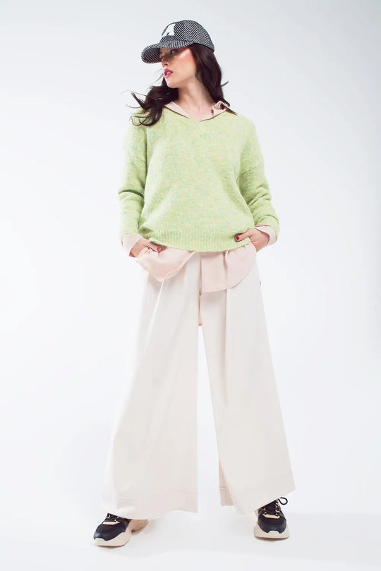 Green fluffy knit sweater with V-neck - GREEN / ONE - Sweaters