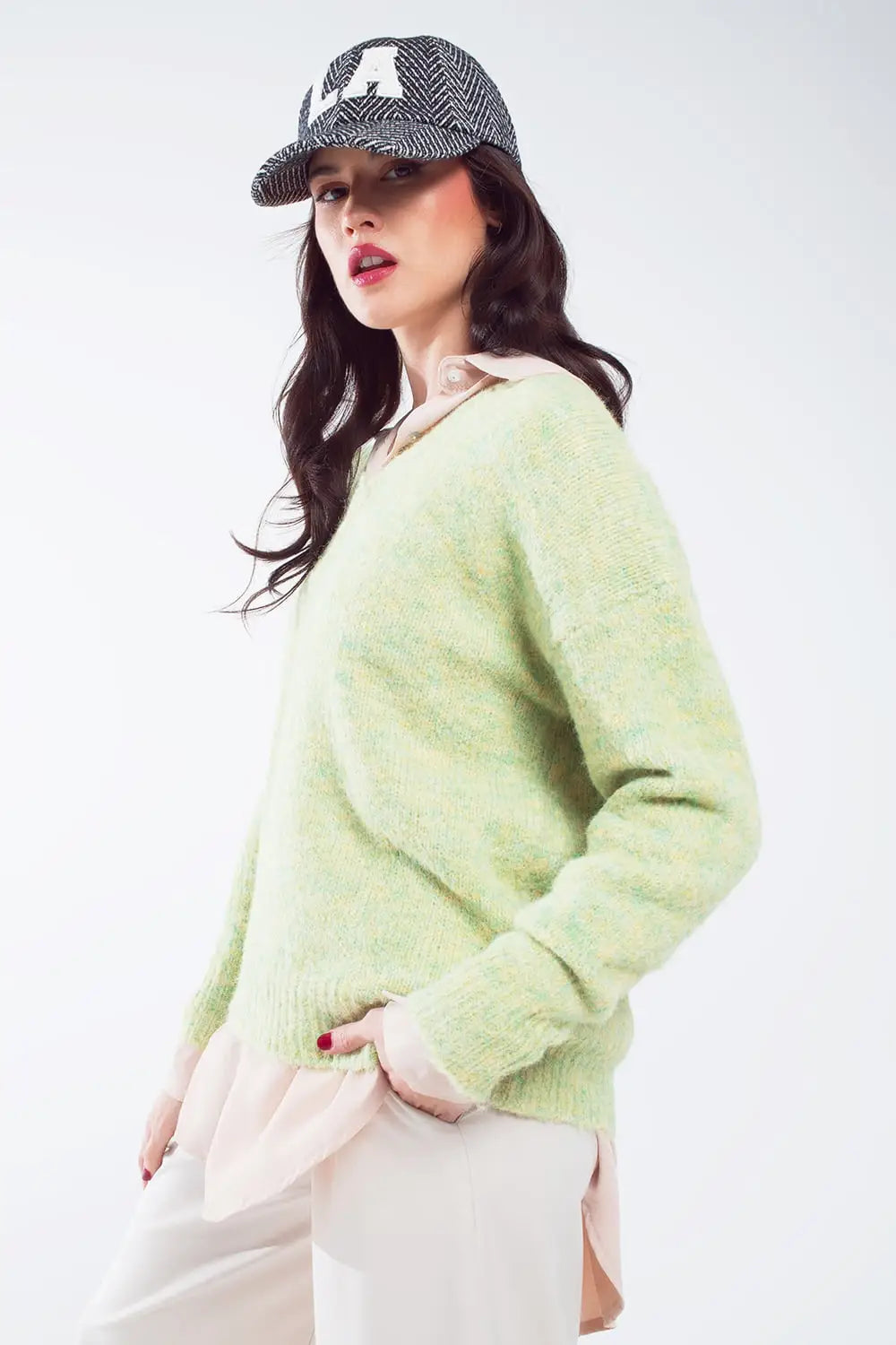 Green fluffy knit sweater with V-neck - GREEN / ONE - Sweaters