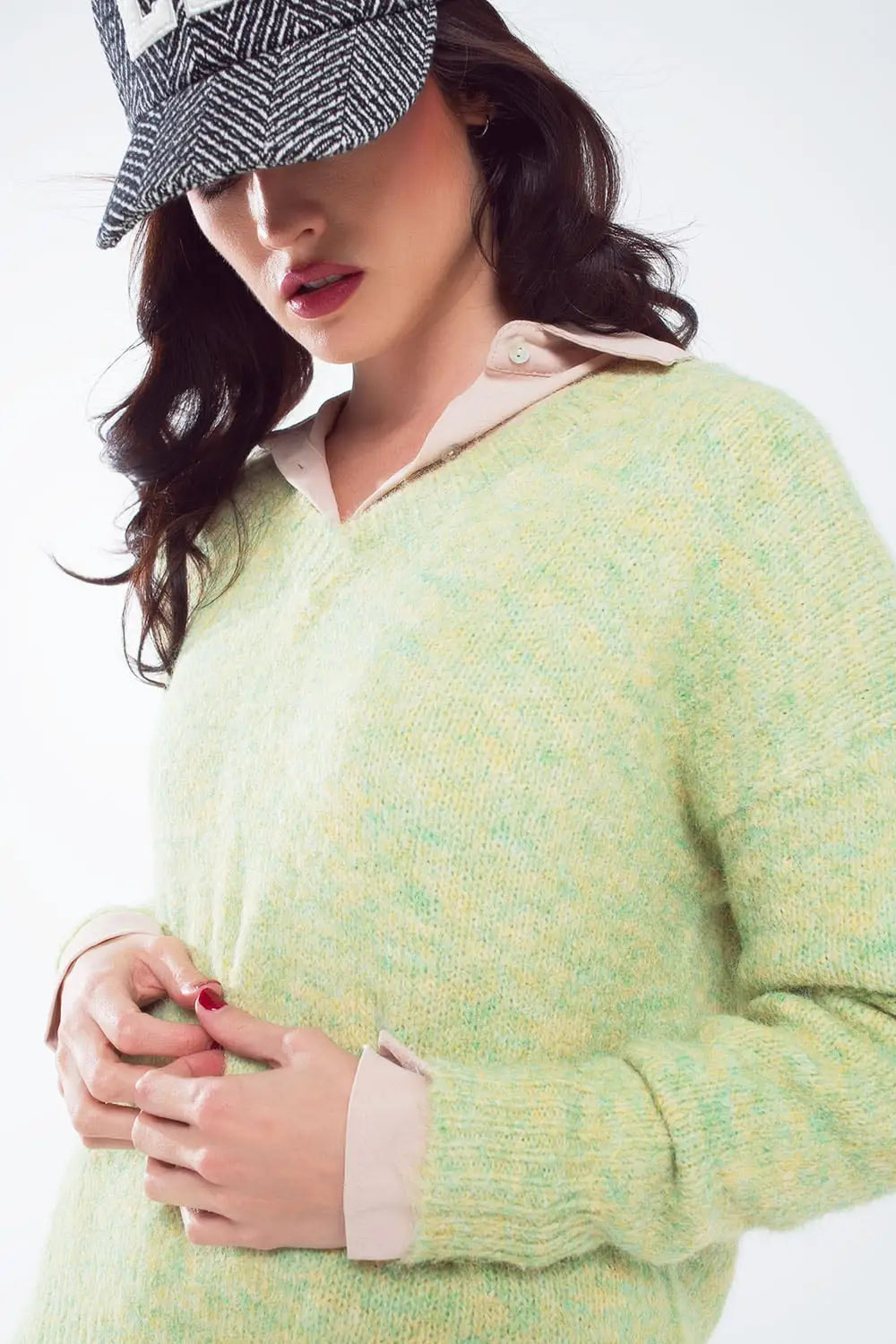 Green fluffy knit sweater with V-neck - GREEN / ONE - Sweaters