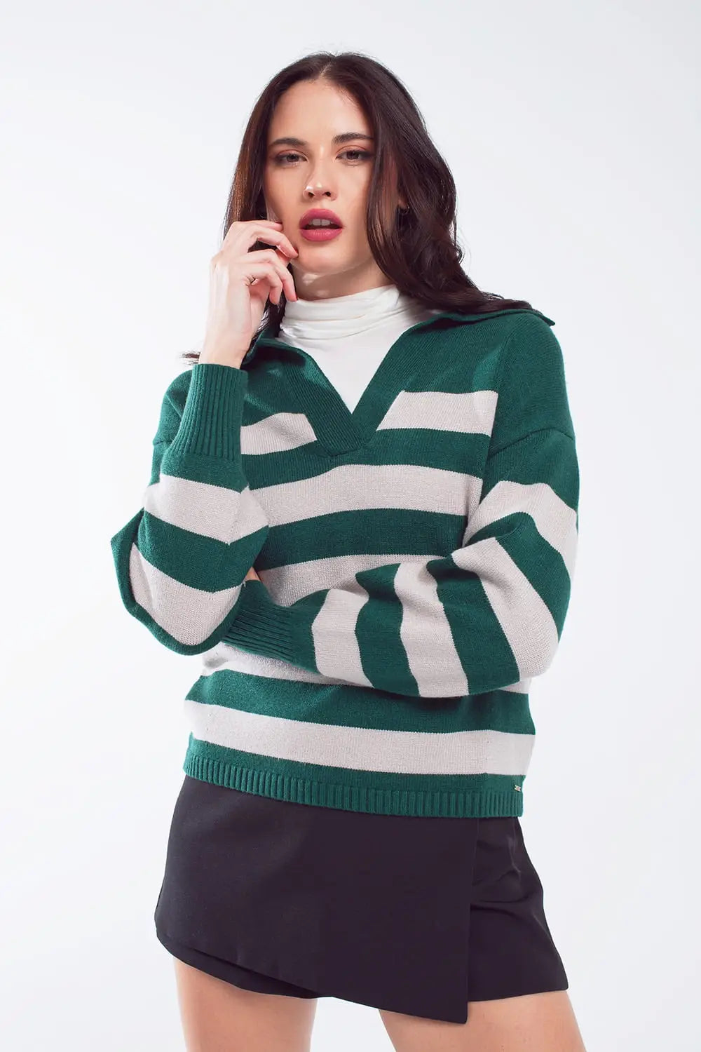 Green and white striped sweater with V neck and polo collar - Sweaters