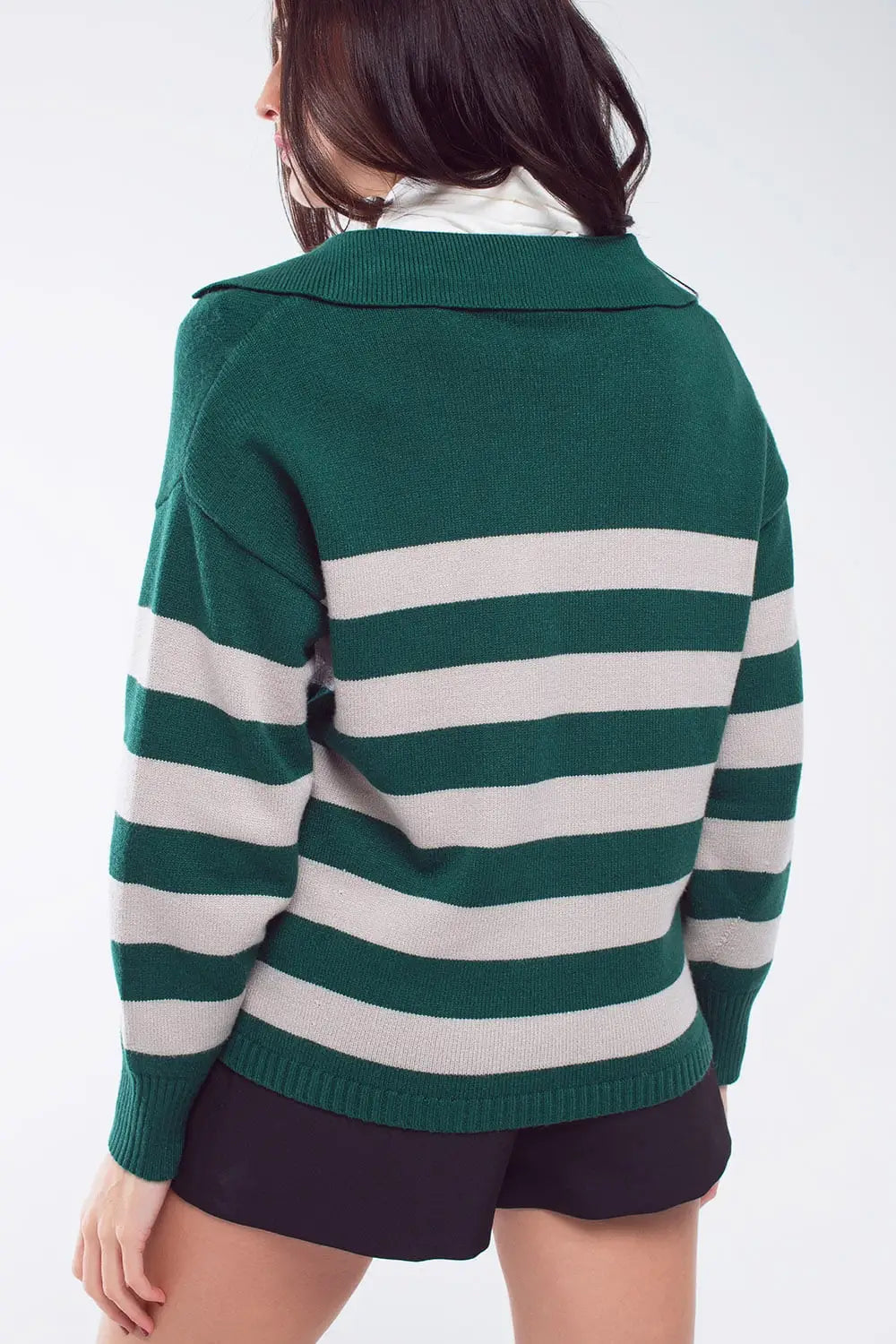 Green and white striped sweater with V neck and polo collar - Sweaters