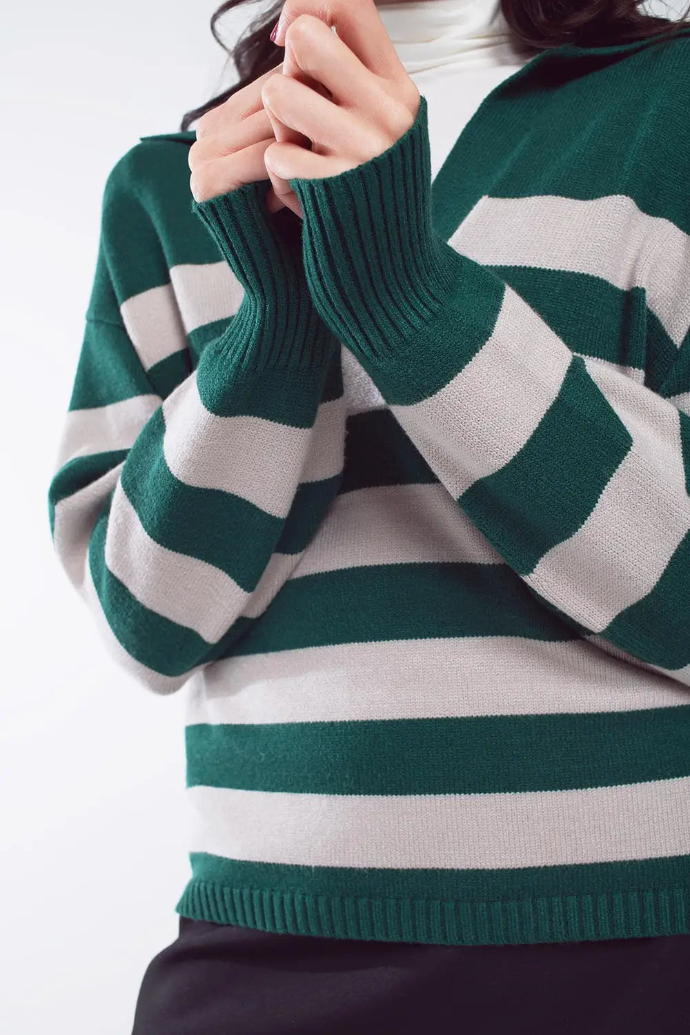 Green and white striped sweater with V neck and polo collar - Sweaters