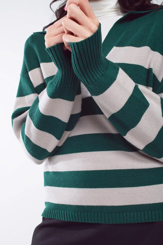 Green and white striped sweater with V neck and polo collar - Sweaters