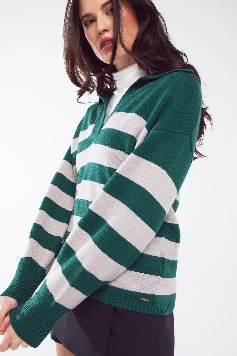 Green and white striped sweater with V neck and polo collar - Sweaters