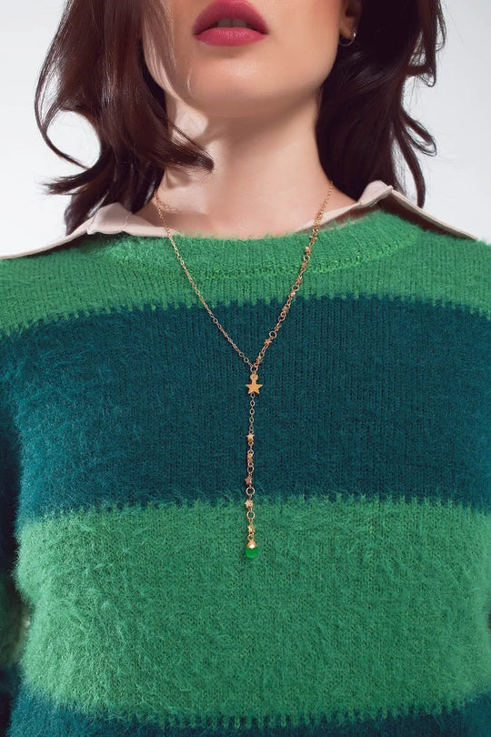 Golden Necklace with Star Charm and Green Bead - GOLD