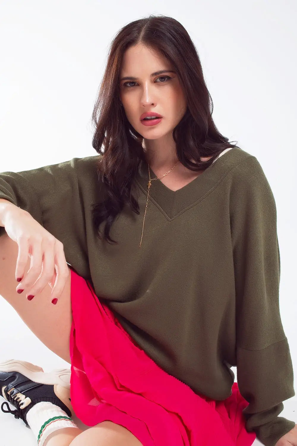 Oversized Olive Green Swearshirt wth V-Neckline - KHAKI / ONE - Sweaters