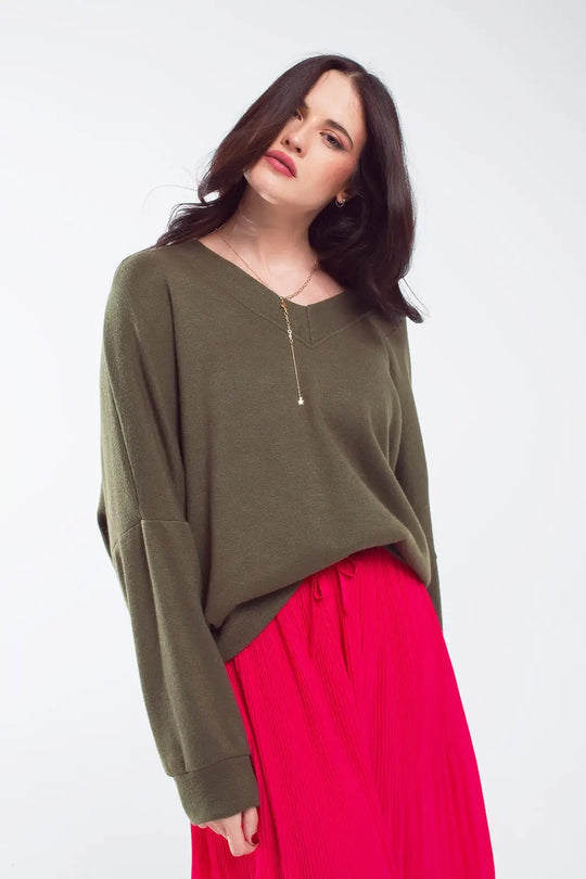Oversized Olive Green Swearshirt wth V-Neckline - KHAKI / ONE - Sweaters