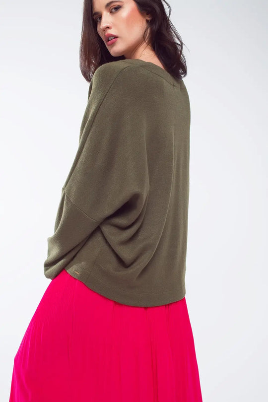 Oversized Olive Green Swearshirt wth V-Neckline - KHAKI / ONE - Sweaters