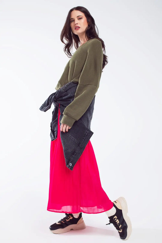 Oversized Olive Green Swearshirt wth V-Neckline - KHAKI / ONE - Sweaters