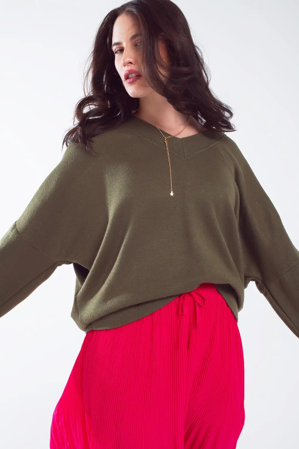 Oversized Olive Green Swearshirt wth V-Neckline - KHAKI / ONE - Sweaters