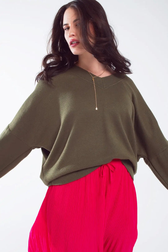 Oversized Olive Green Swearshirt wth V-Neckline - KHAKI / ONE - Sweaters