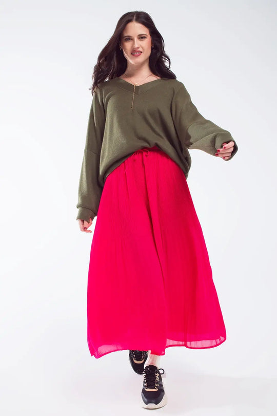 Oversized Olive Green Swearshirt wth V-Neckline - KHAKI / ONE - Sweaters