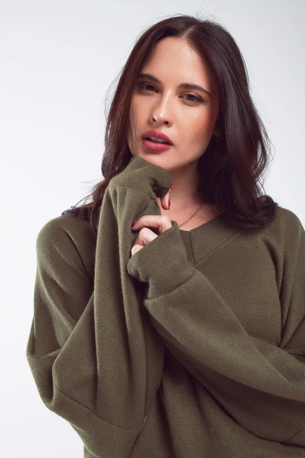 Oversized Olive Green Swearshirt wth V-Neckline - KHAKI / ONE - Sweaters