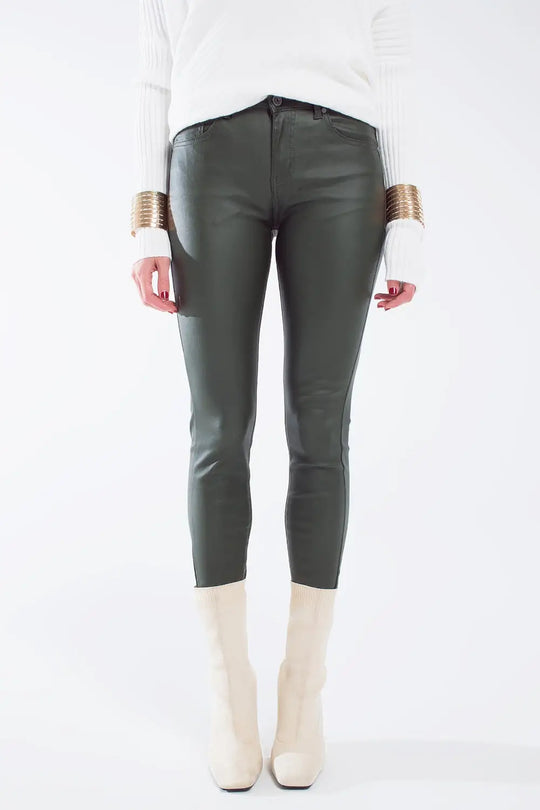 leatherette effect super skinny pants in olive green - Pants