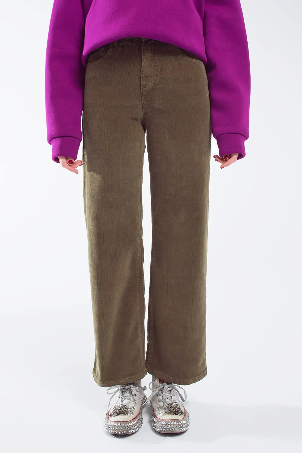 Cropped cord pants in khaki - Pants