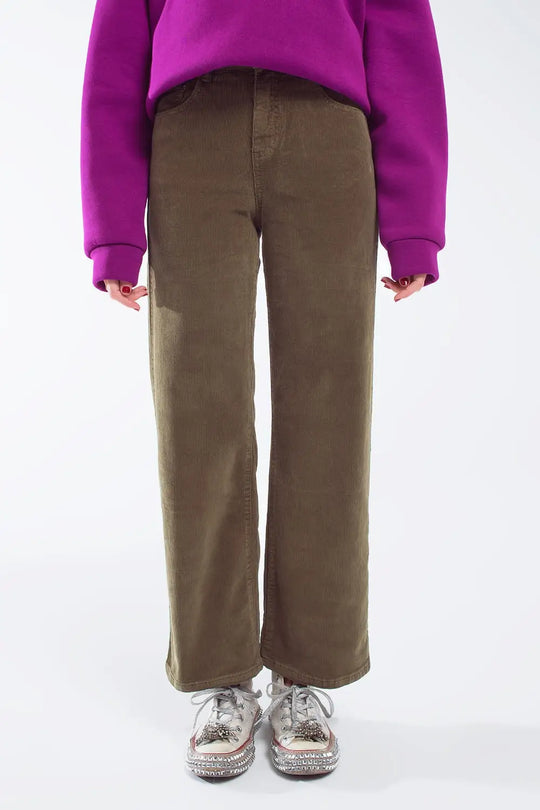 Cropped cord pants in khaki - Pants