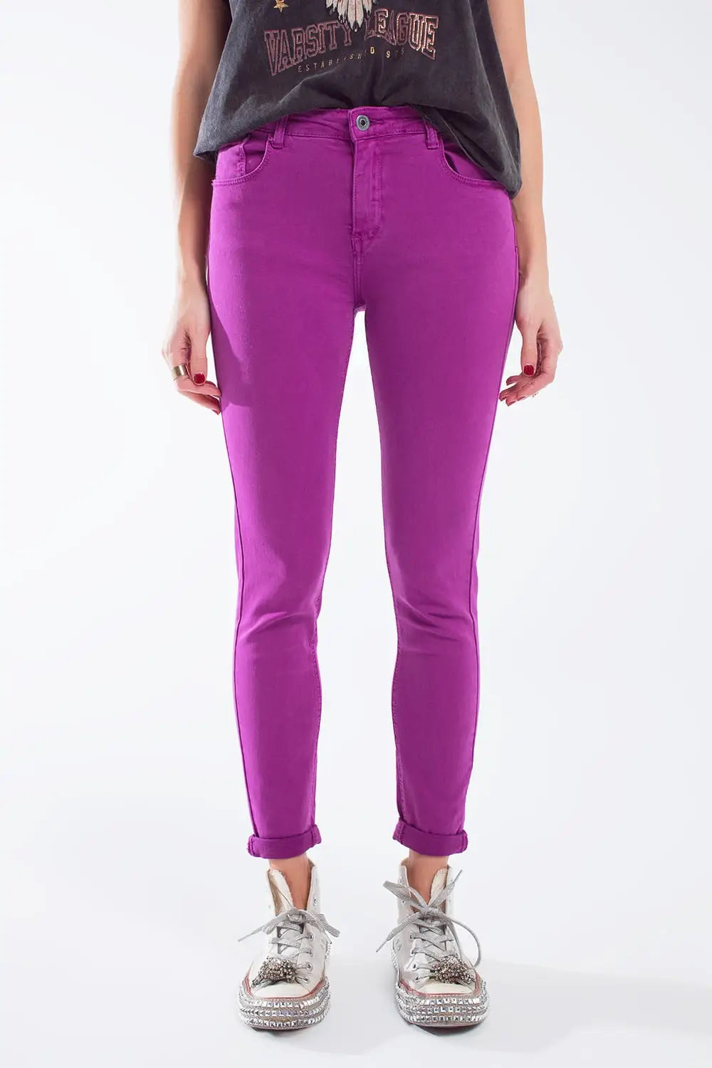 Fuchsia ankle super skinny jeans with soft wrinkles - Colored Jeans