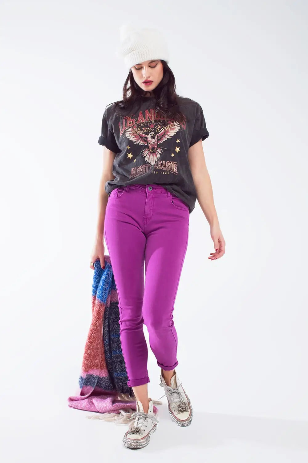Fuchsia ankle super skinny jeans with soft wrinkles - Colored Jeans