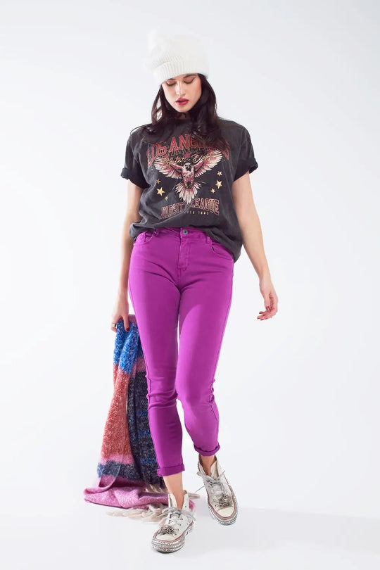 Fuchsia ankle super skinny jeans with soft wrinkles - Colored Jeans