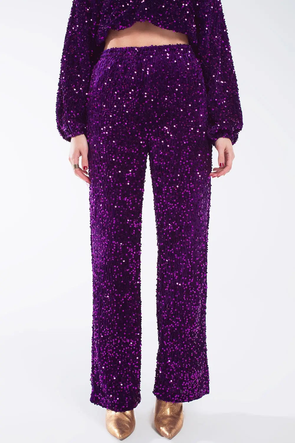 Wide Leg Sequin Pants With Side Pockets In Purple - Pants