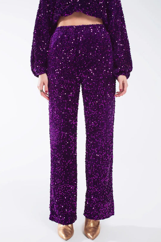 Wide Leg Sequin Pants With Side Pockets In Purple - Pants