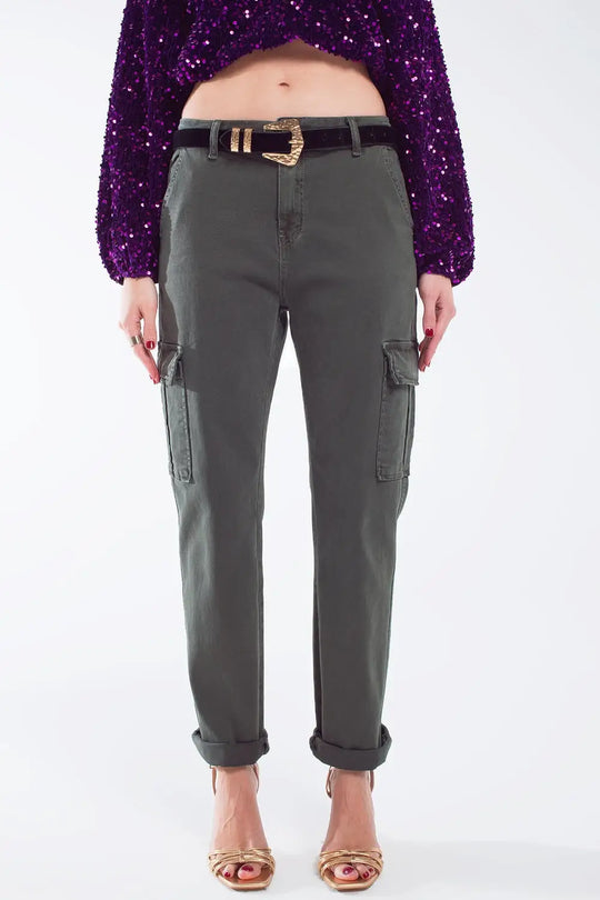 Relaxed cargo pants in Army dark green - Colored Jeans