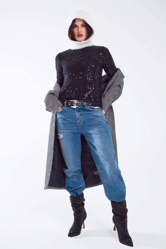 Long sleeve sequin top in black - Tops