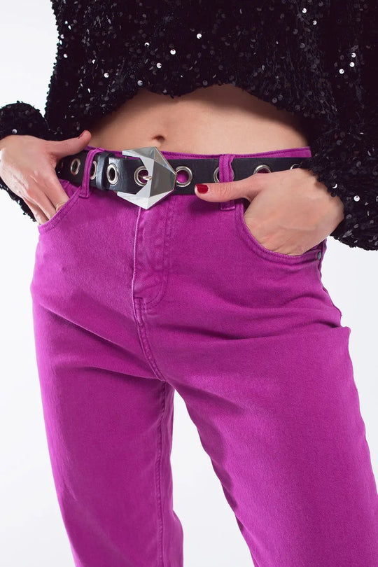 Cotton mid rise slouchy jean in Magenta - Colored Jeans