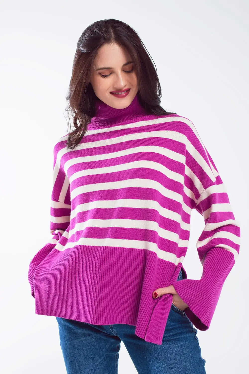 Fuchsia oversized trutleneck sweater with white stripes and splits on the side - FUCHSIA / ONE - Sweaters