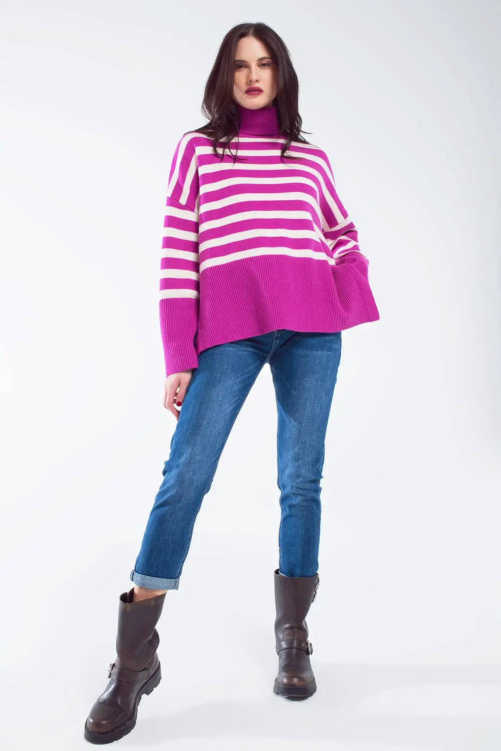 Fuchsia oversized trutleneck sweater with white stripes and splits on the side - FUCHSIA / ONE - Sweaters