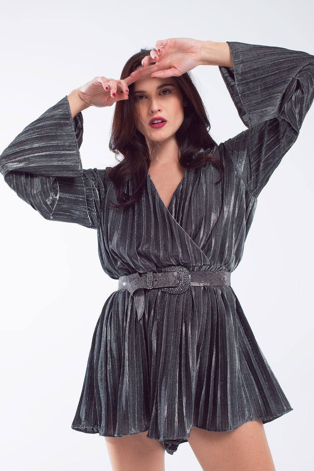 Glitter playsuit in silver with V neck