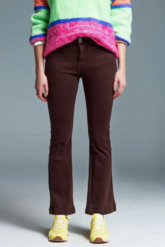 Skinny Flared Jeans With Double Button Detail in Brown - Colored Jeans