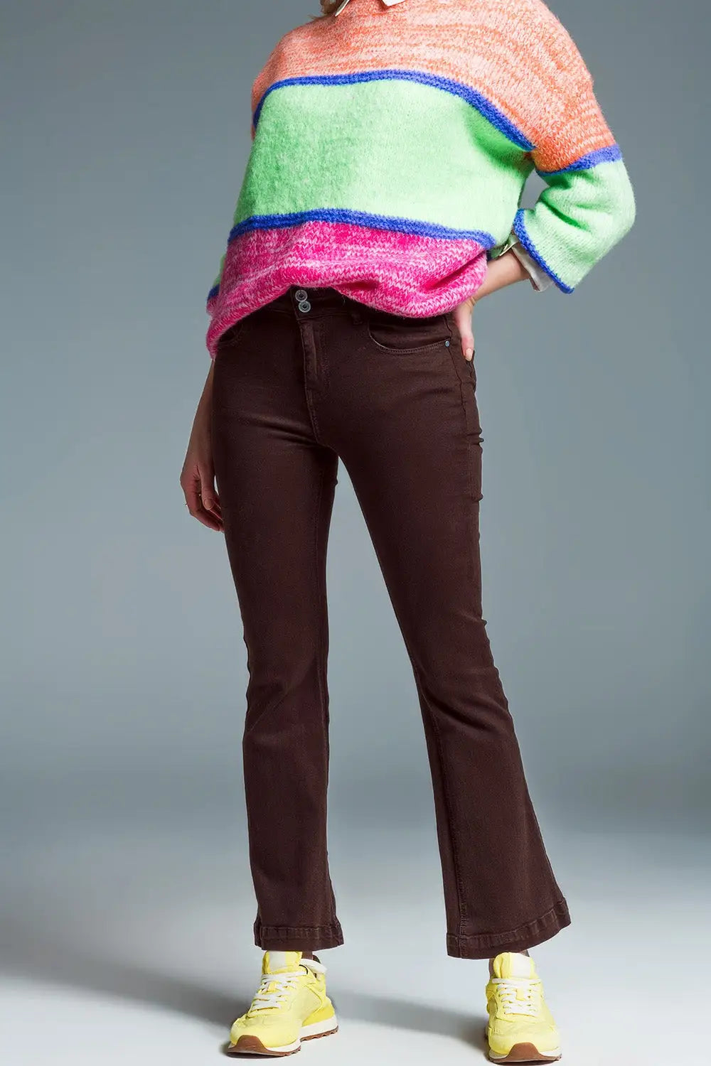 Skinny Flared Jeans With Double Button Detail in Brown - Colored Jeans