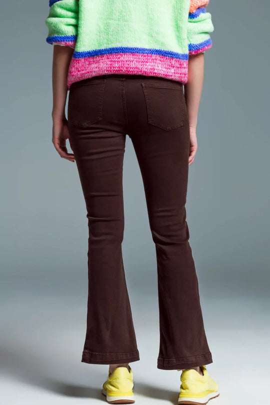 Skinny Flared Jeans With Double Button Detail in Brown - Colored Jeans