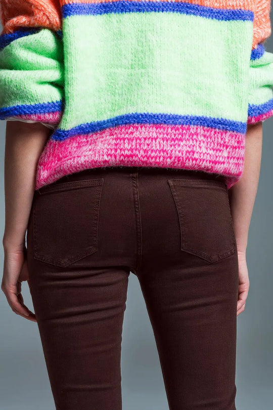 Skinny Flared Jeans With Double Button Detail in Brown - Colored Jeans