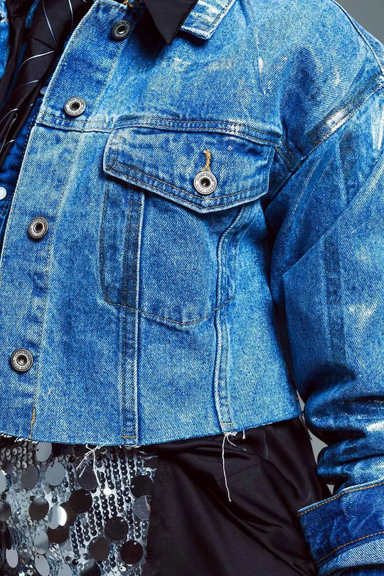 Cropped denim jacket with raw hem in mid wash with metallic silver finish - Jackets