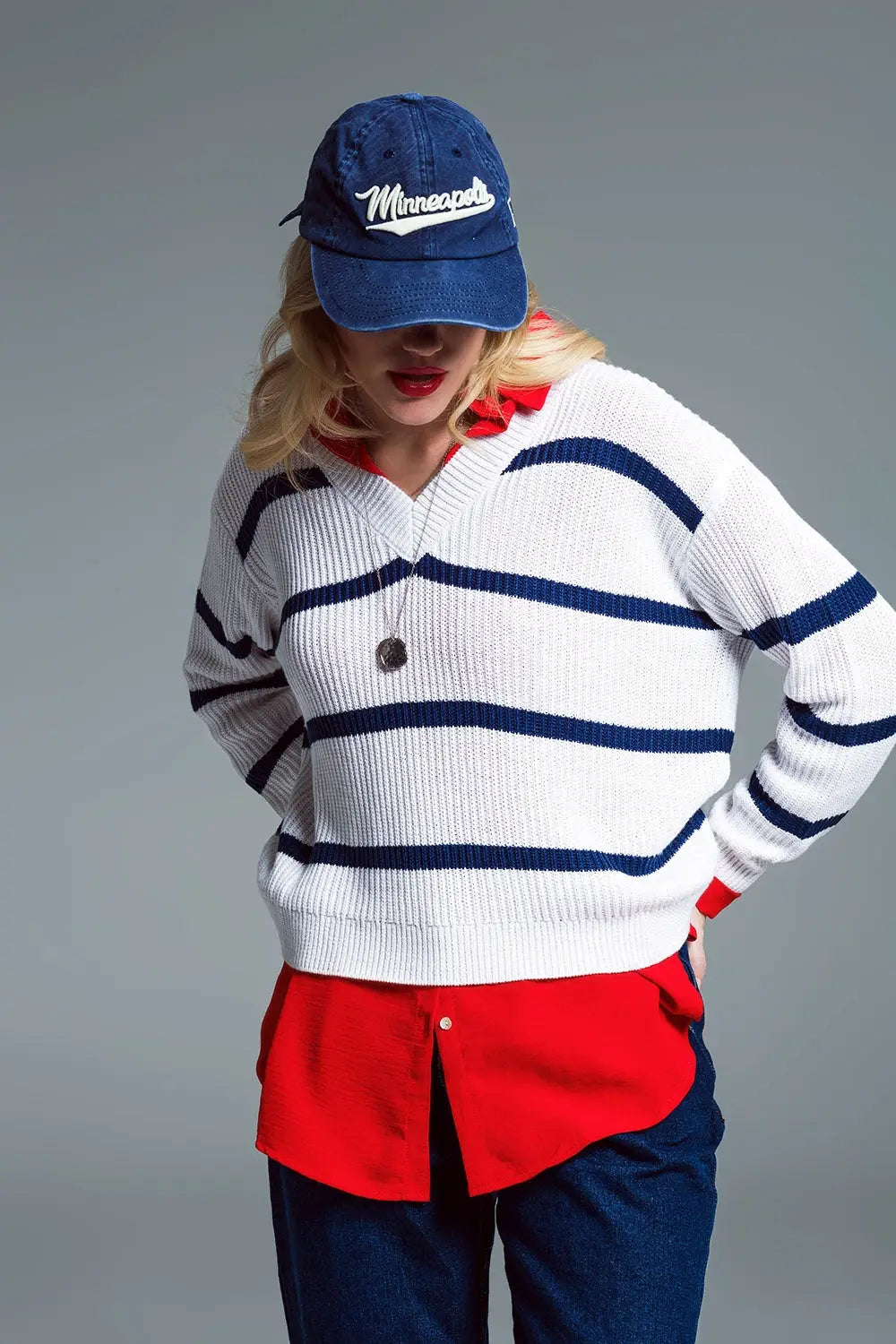 Ribbed White Sweater With Black Stripes and V-Neckline - Sweaters