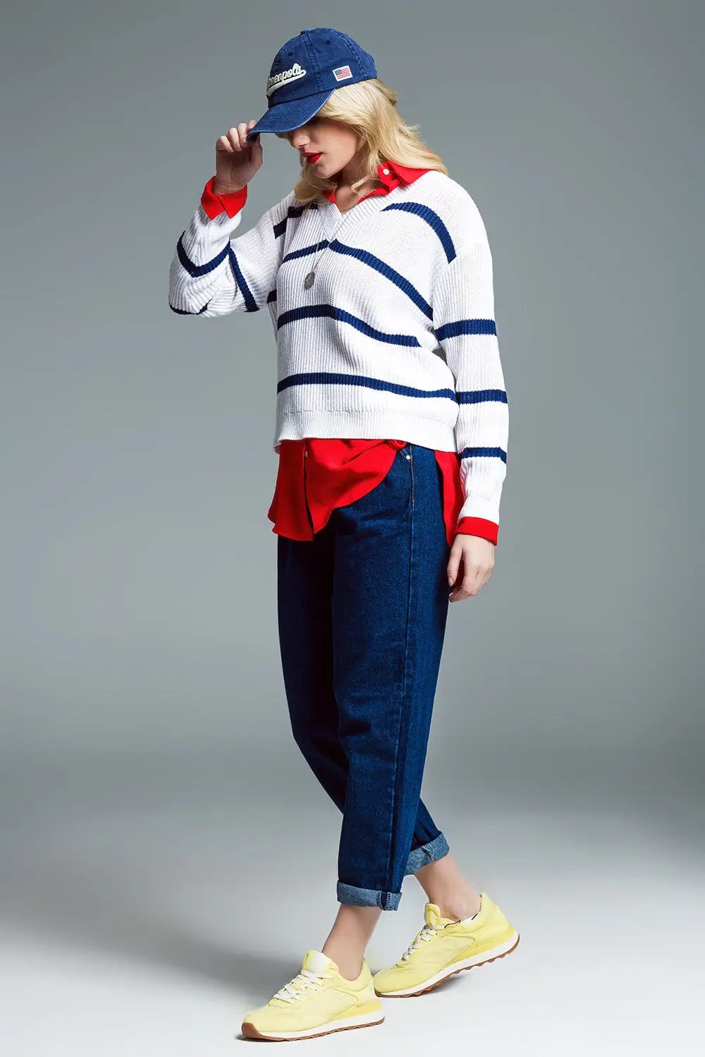 Ribbed White Sweater With Black Stripes and V-Neckline - Sweaters