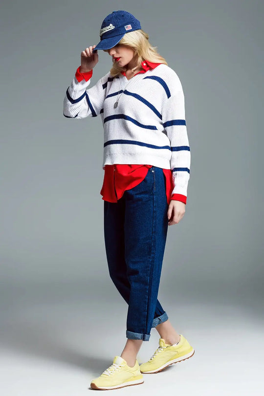 Ribbed White Sweater With Black Stripes and V-Neckline - Sweaters