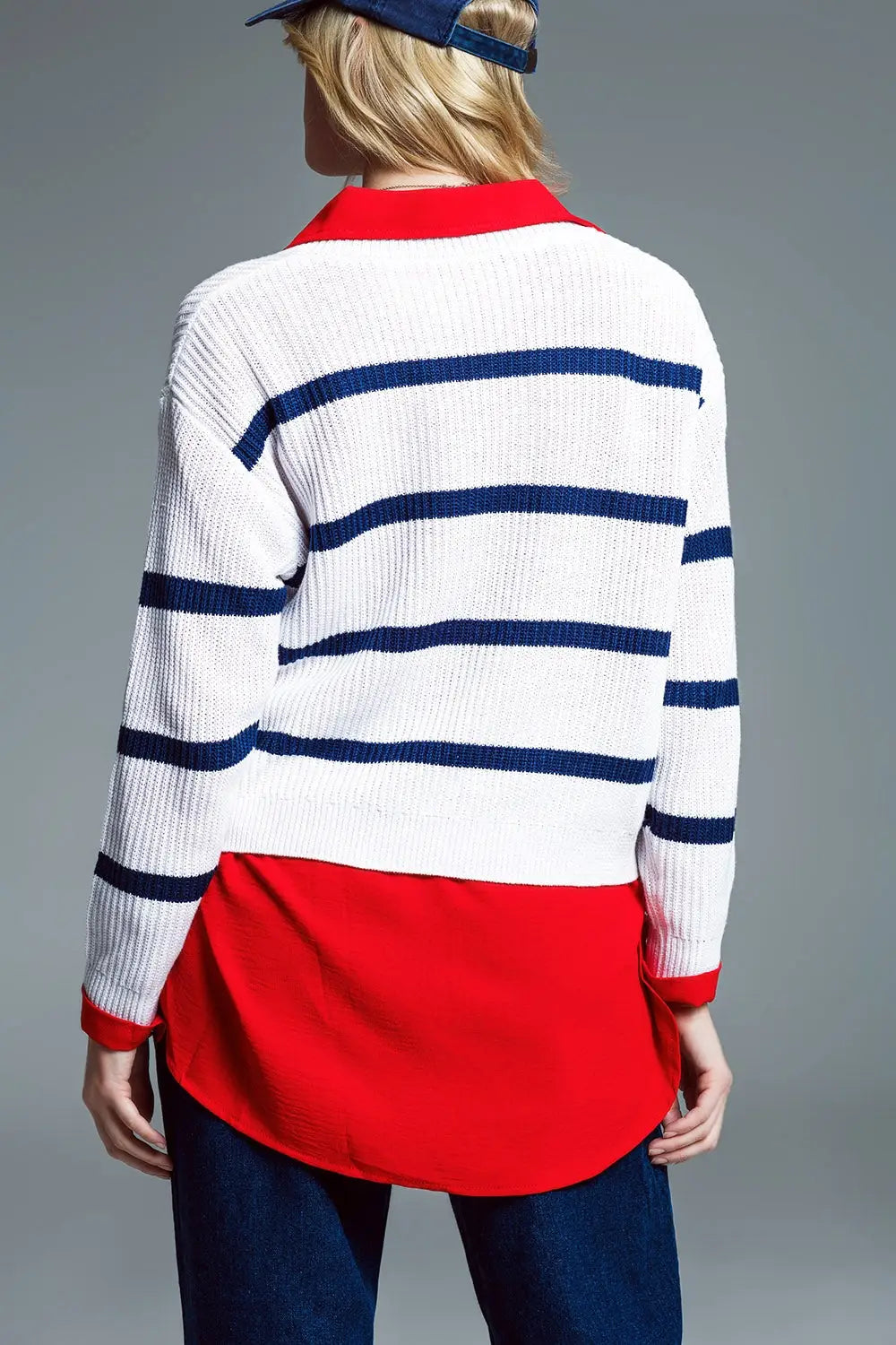 Ribbed White Sweater With Black Stripes and V-Neckline - Sweaters