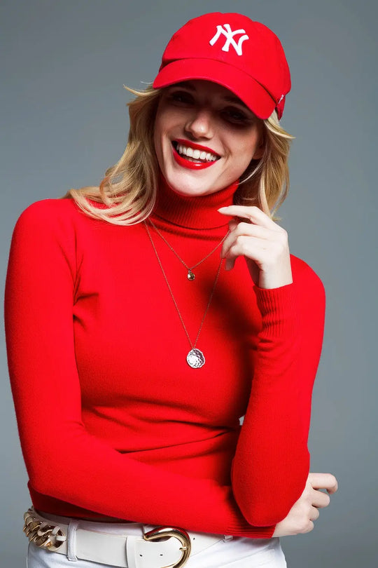 Fine knit high neck jumper in red - Sweaters