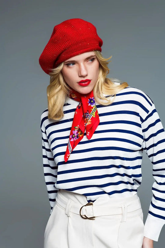 Crew Neck Basic Stripe Sweater in White and Navy - Sweaters