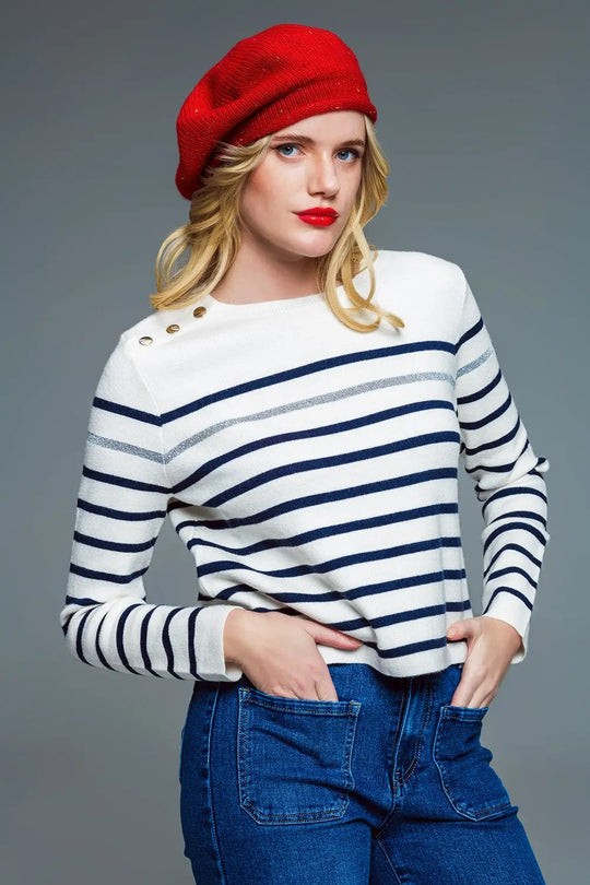 Marine Style Stripey Sweater With Button Detail At Shoulder - Sweaters