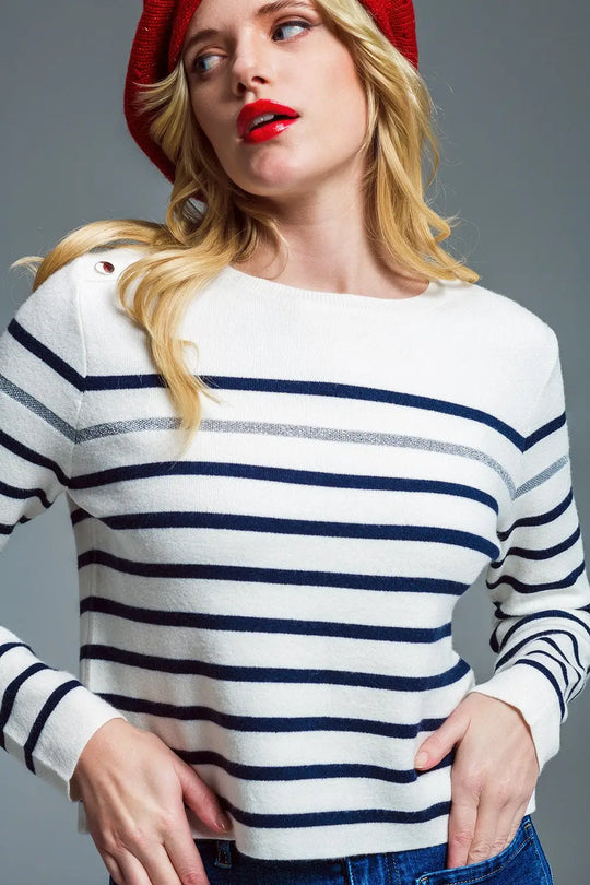 Marine Style Stripey Sweater With Button Detail At Shoulder - Sweaters