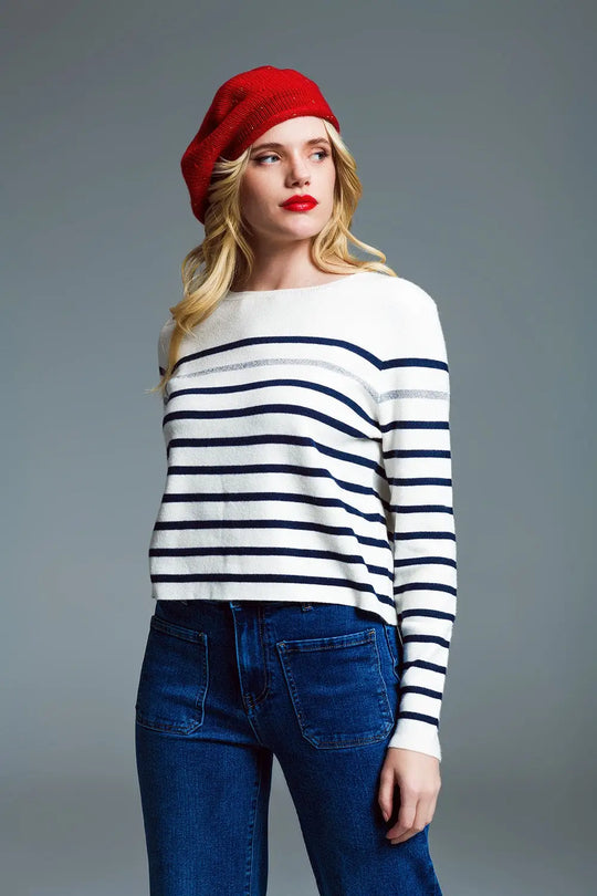 Marine Style Stripey Sweater With Button Detail At Shoulder - Sweaters