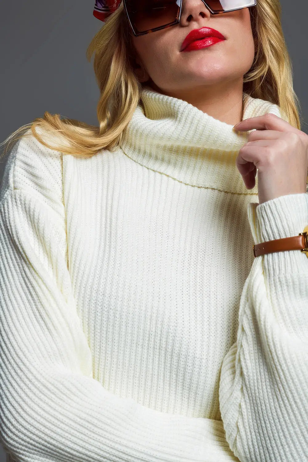 Oversized Ribbed Knit dress With Turtle Neck in Cream - Dresses