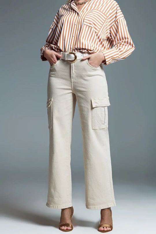 Straight Leg Cargo Jeans in Beige - Colored Jeans